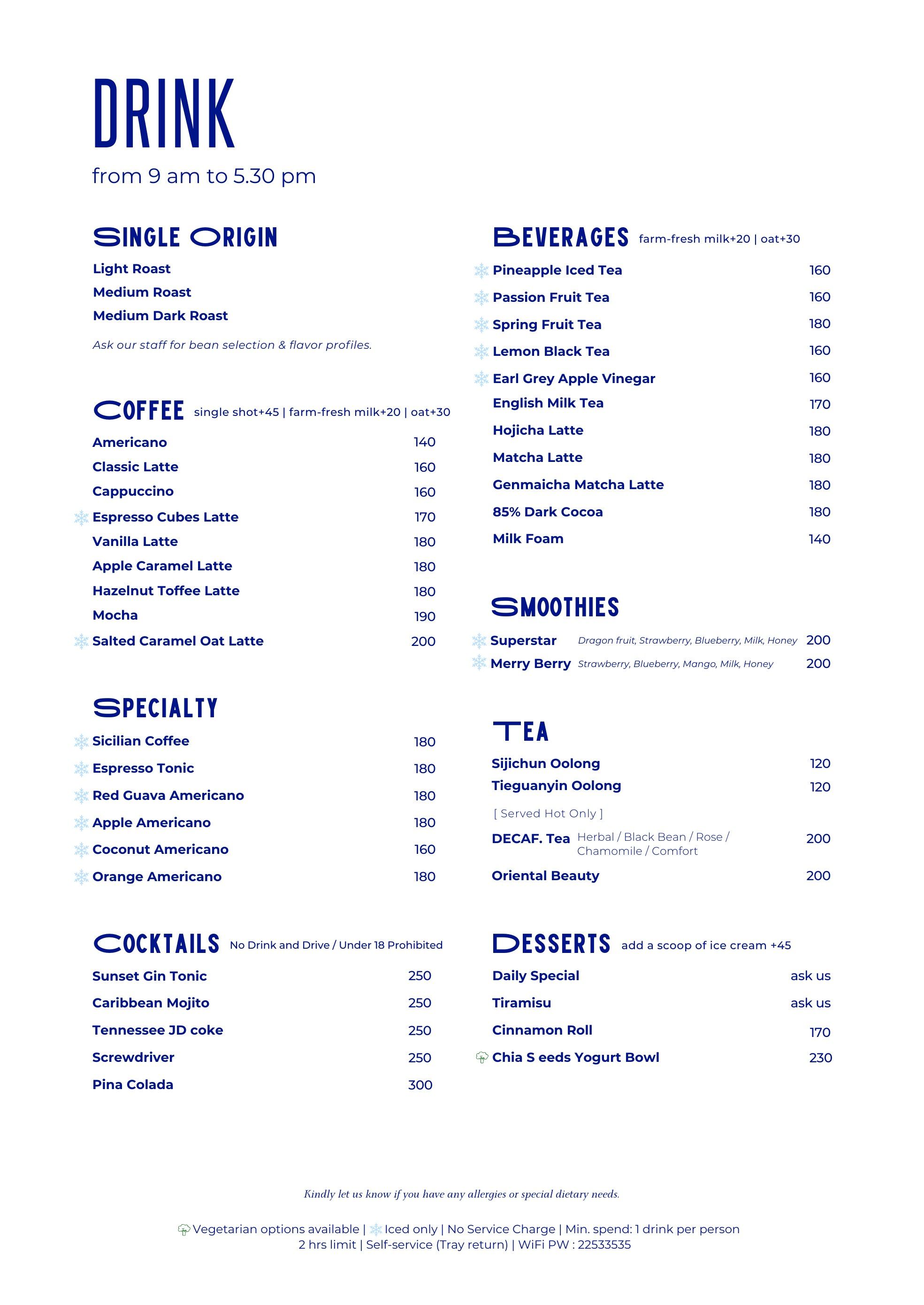Cupoti drink menu: single origin, coffee, specialty, cocktails, beverages, smoothies, tea, desserts